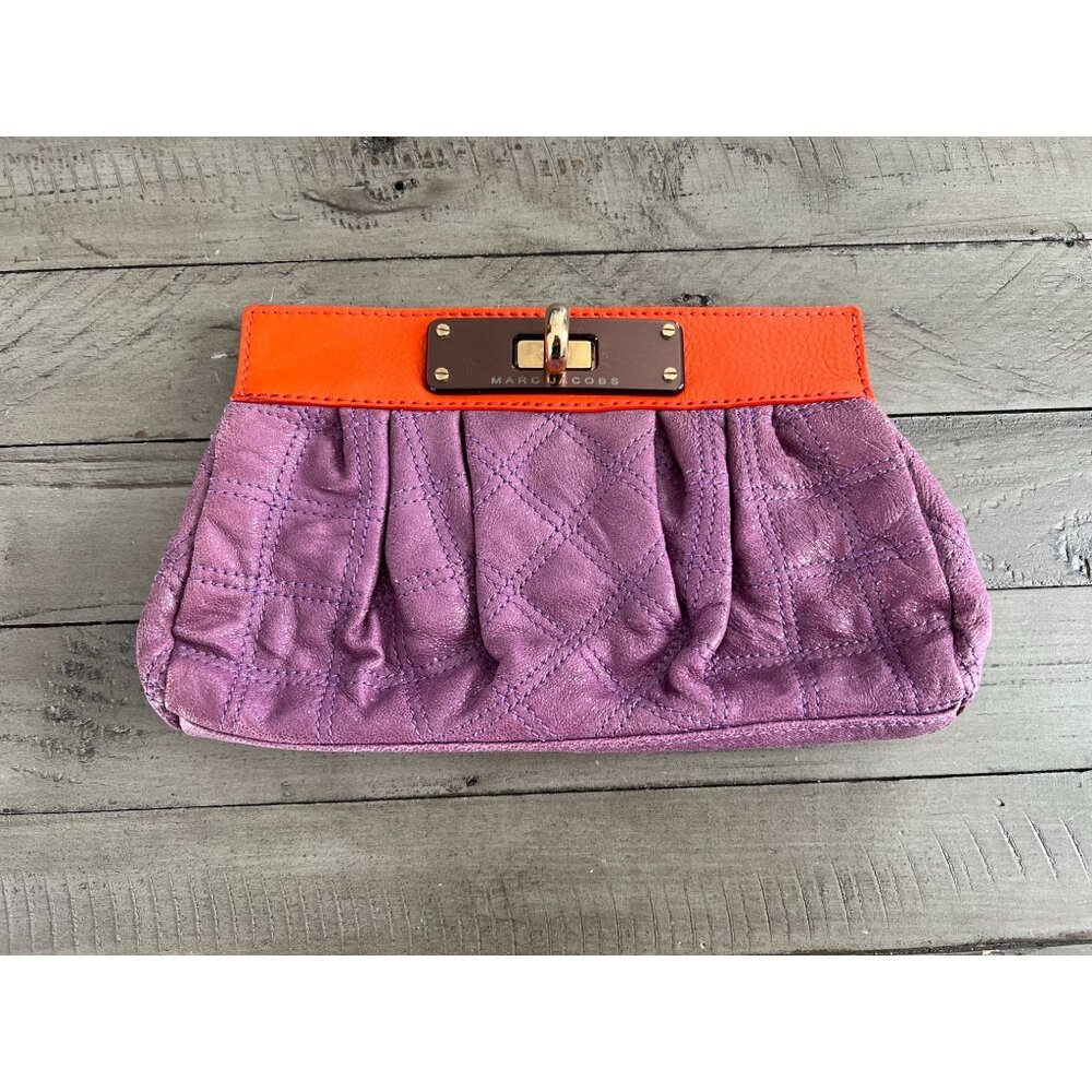 MARC JACOBS Purple Orange Quilted Leather Turnlock Clutch Bag